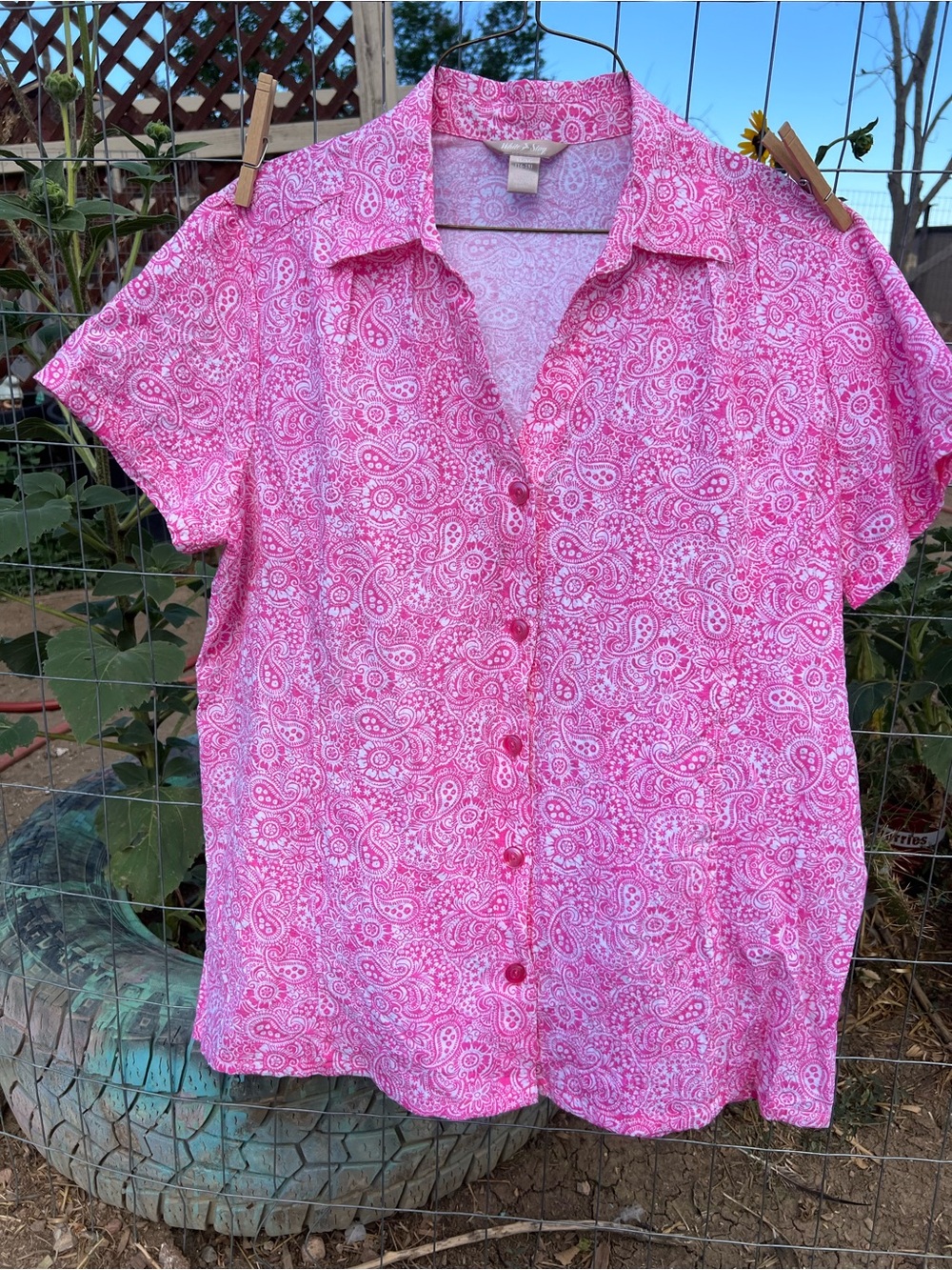 White Stag Paisley Short Sleeve Button-Down Shirt Bright Flamingo